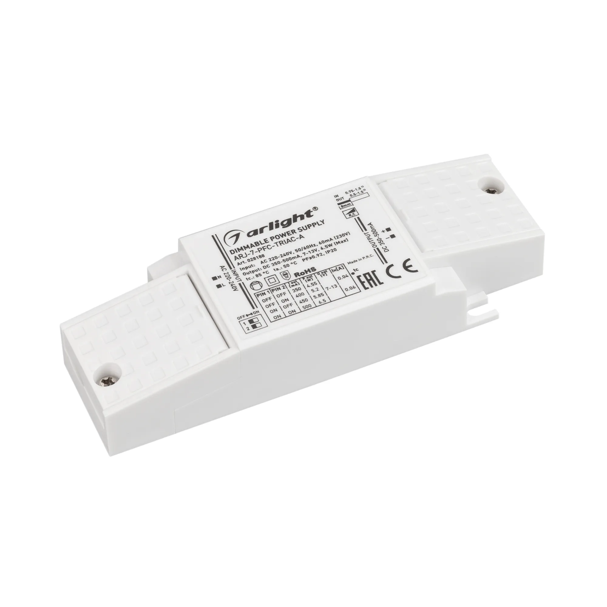 Блок питания ARJ-7-PFC-TRIAC-A (7W, 350-500mA) (Arlight, IP20 Пластик, 5 лет) - изображение товара